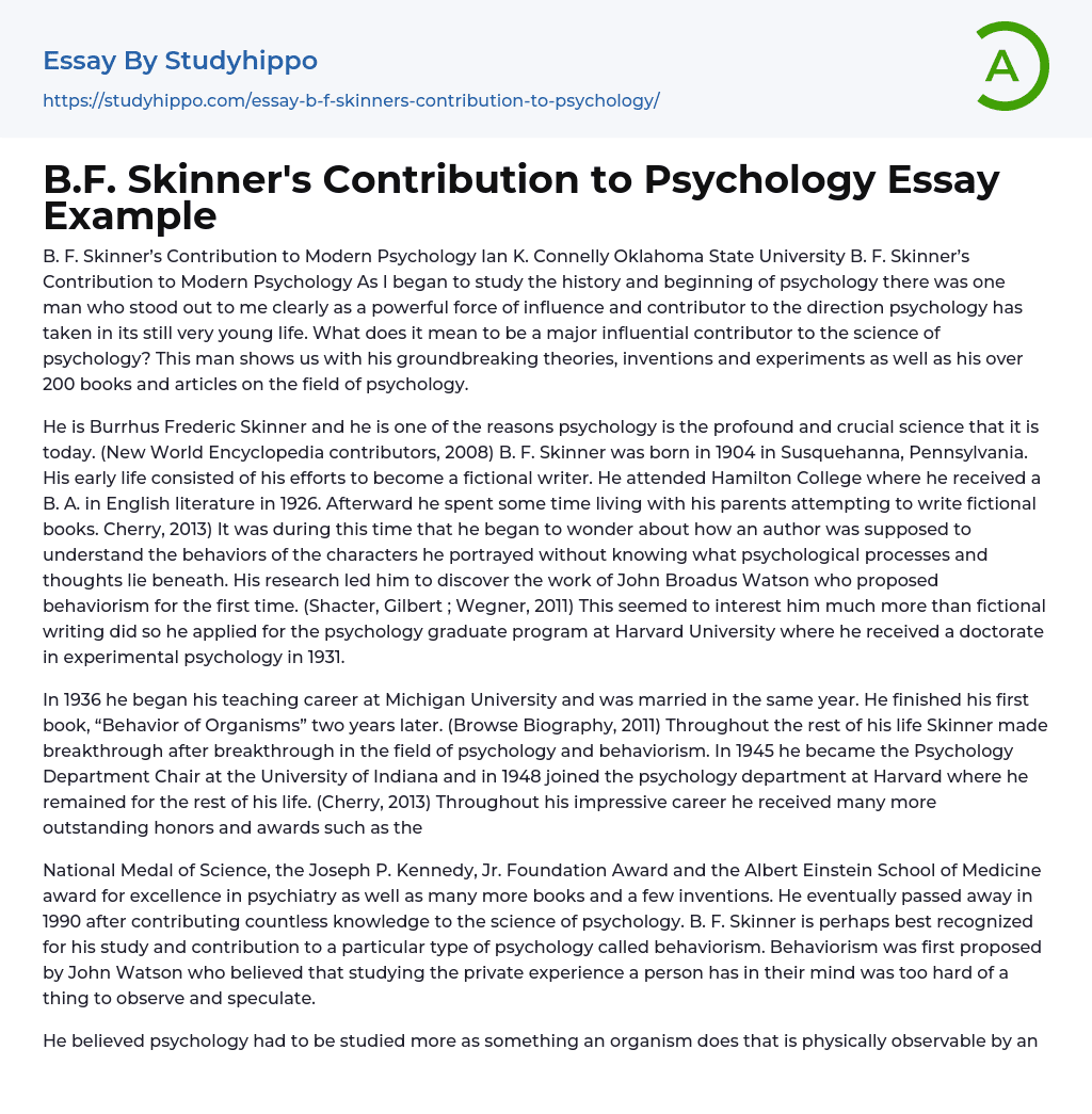 B.F. Skinner’s Contribution to Psychology Essay Example