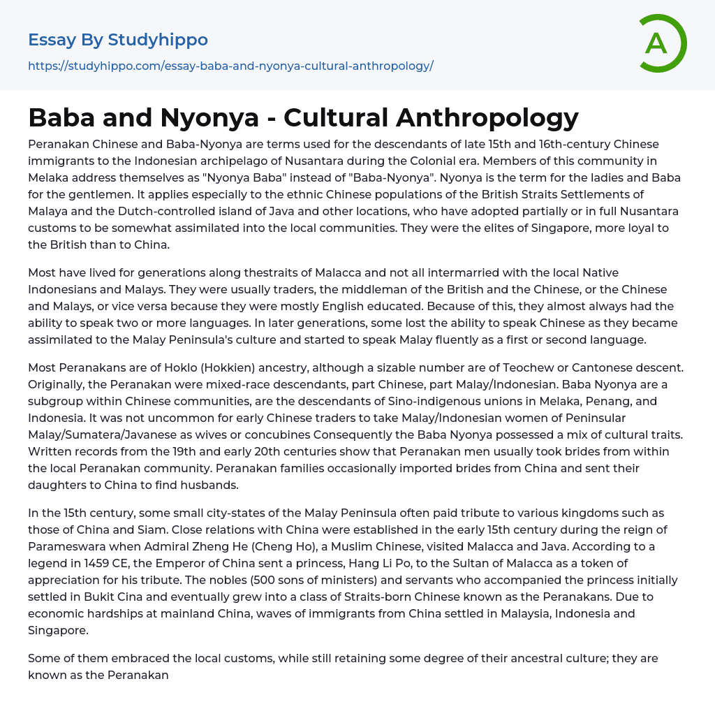 Baba and Nyonya – Cultural Anthropology Essay Example