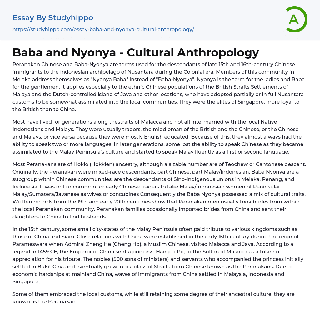 Baba And Nyonya Cultural Anthropology Essay Example StudyHippo