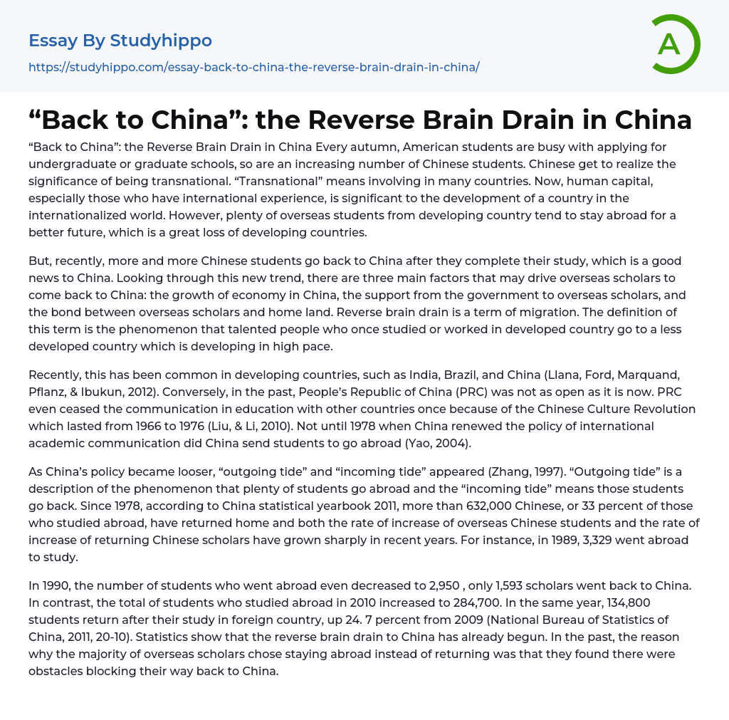 “Back to China”: the Reverse Brain Drain in China Essay Example