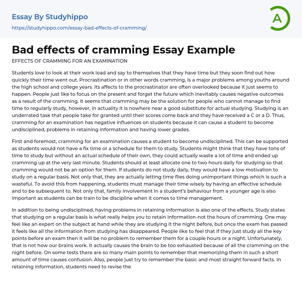 Bad effects of cramming Essay Example