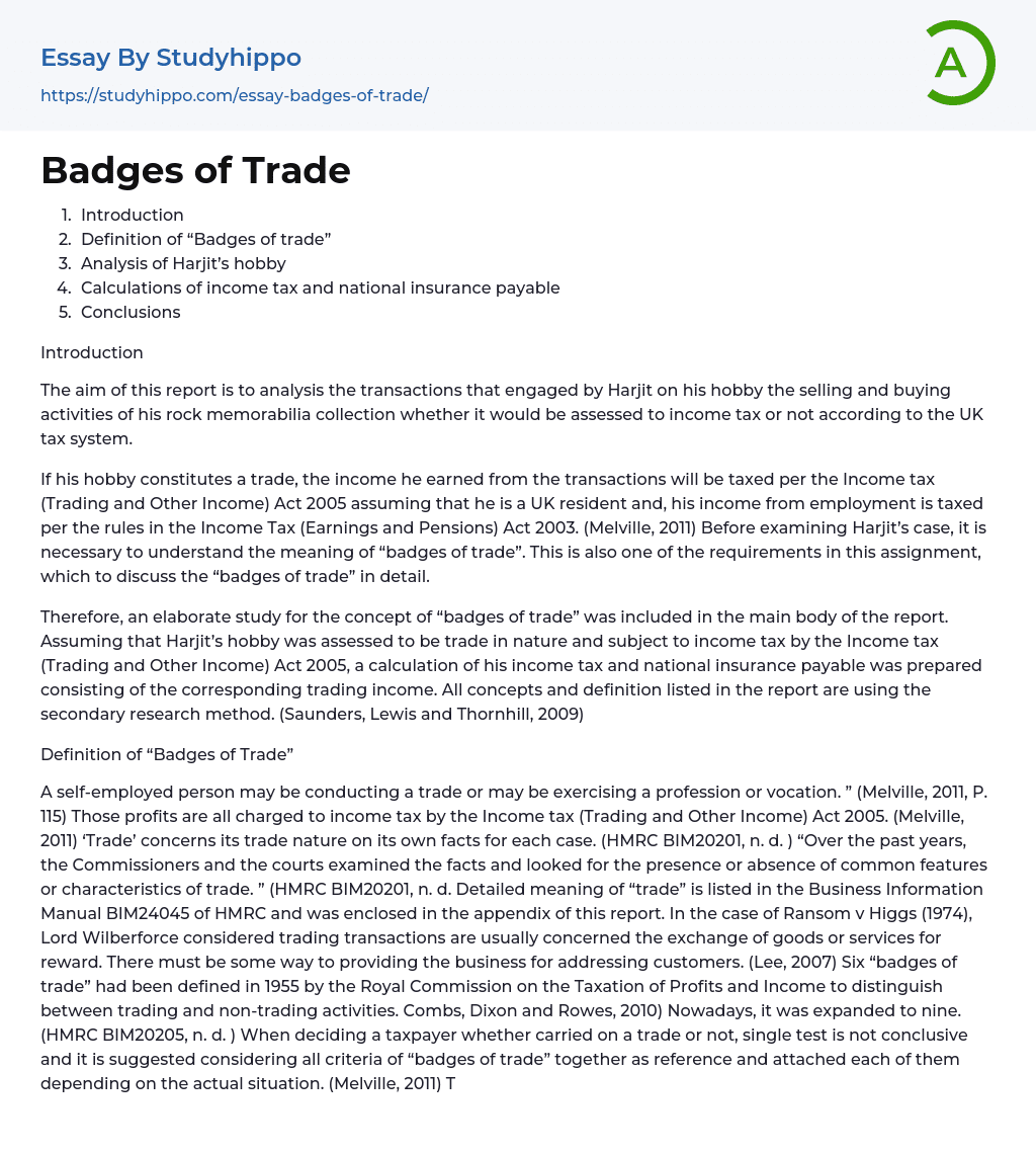 Badges of Trade Essay Example