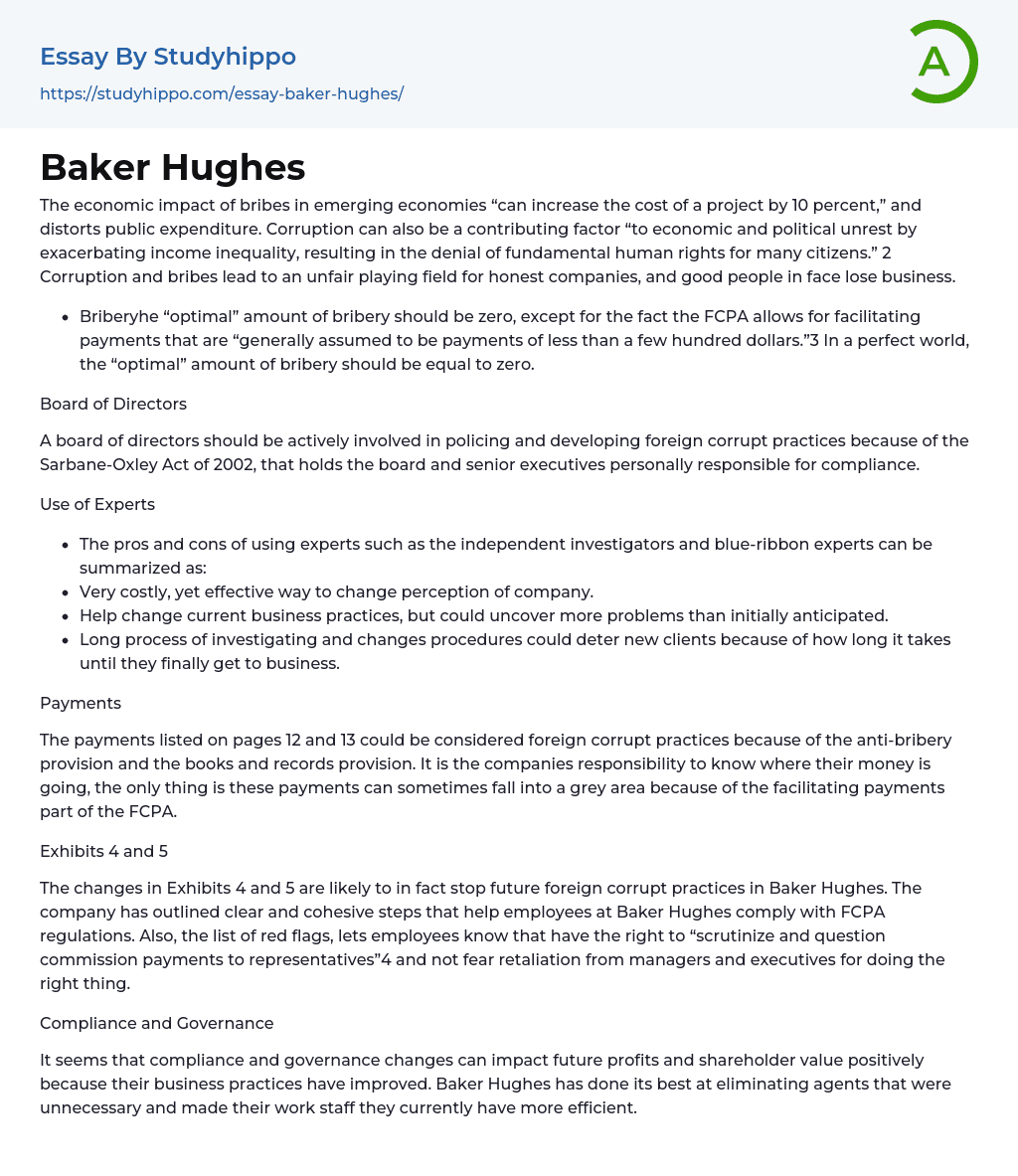 Baker Hughes Essay Example