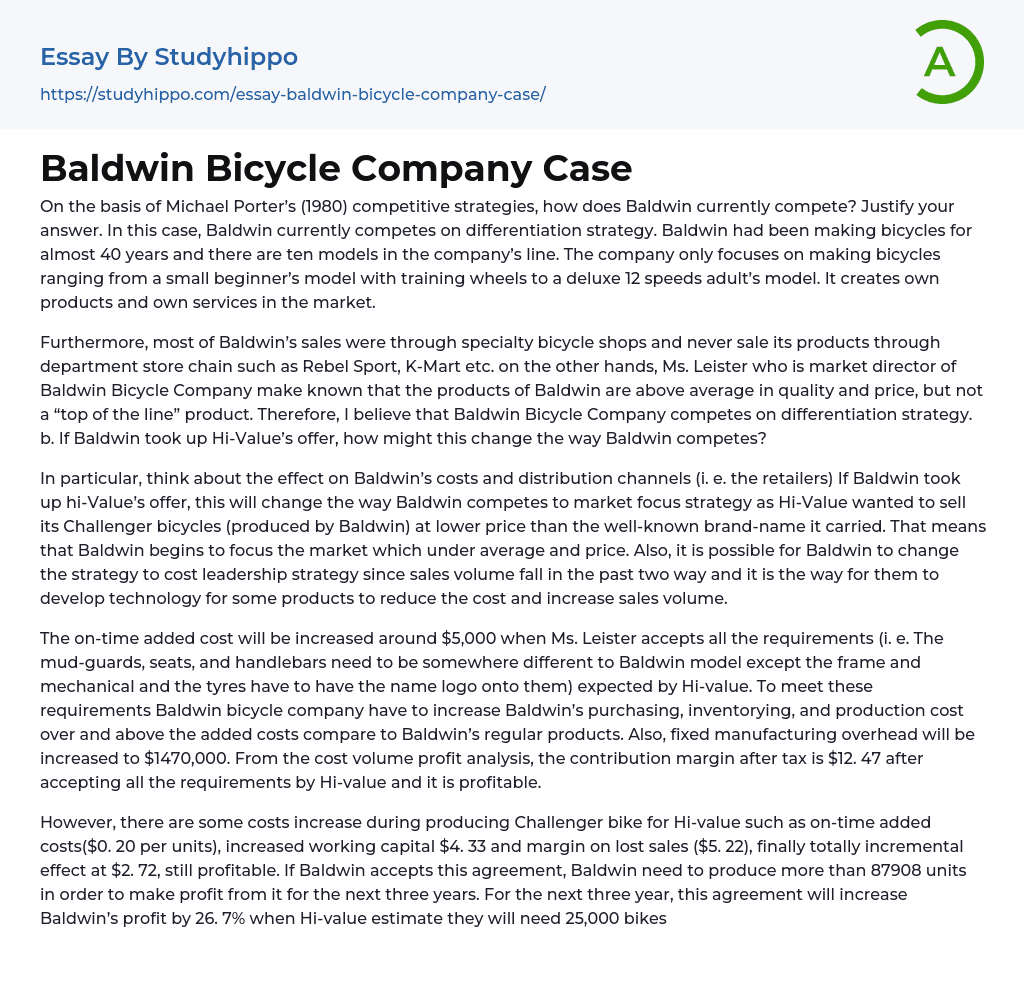 Baldwin Bicycle Company Case Essay Example