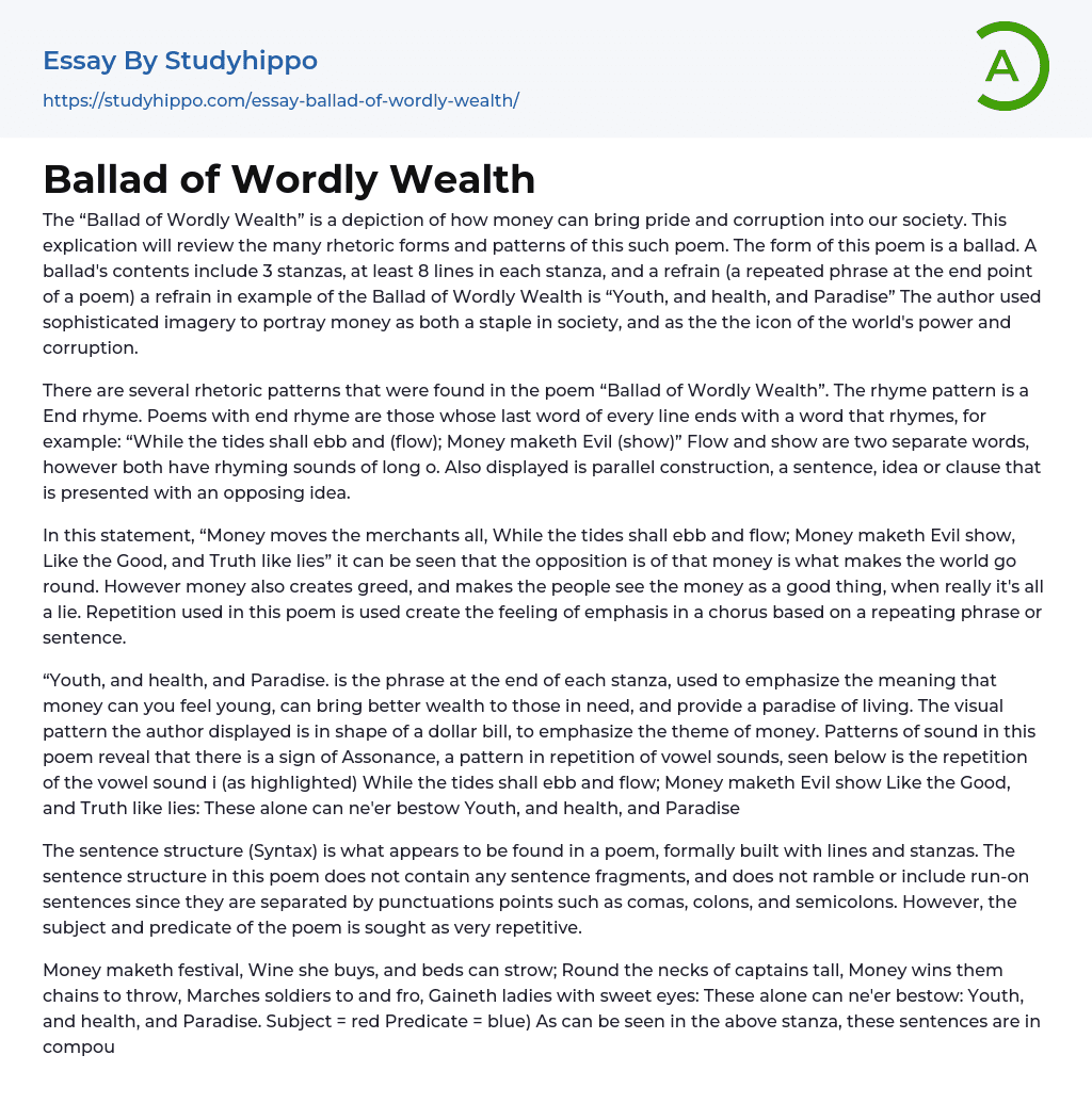 Ballad of Wordly Wealth Essay Example