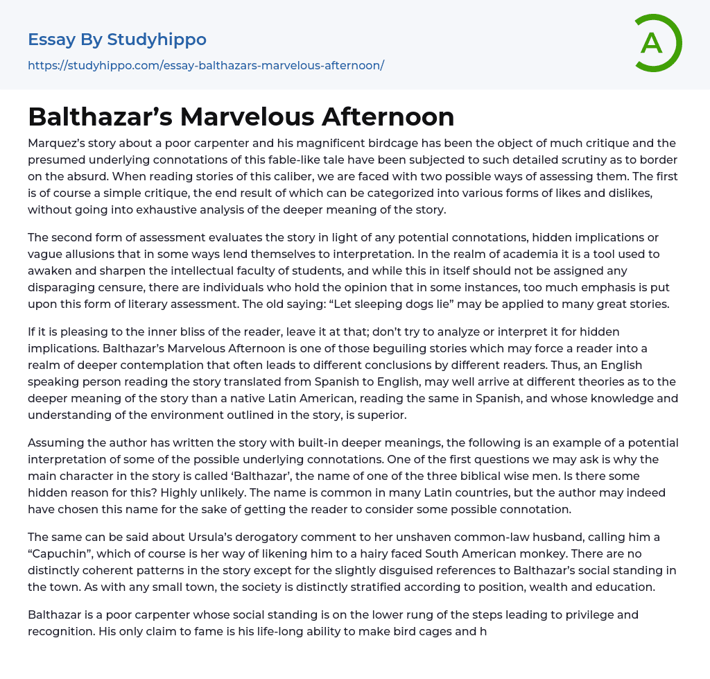 Balthazar’s Marvelous Afternoon Essay Example