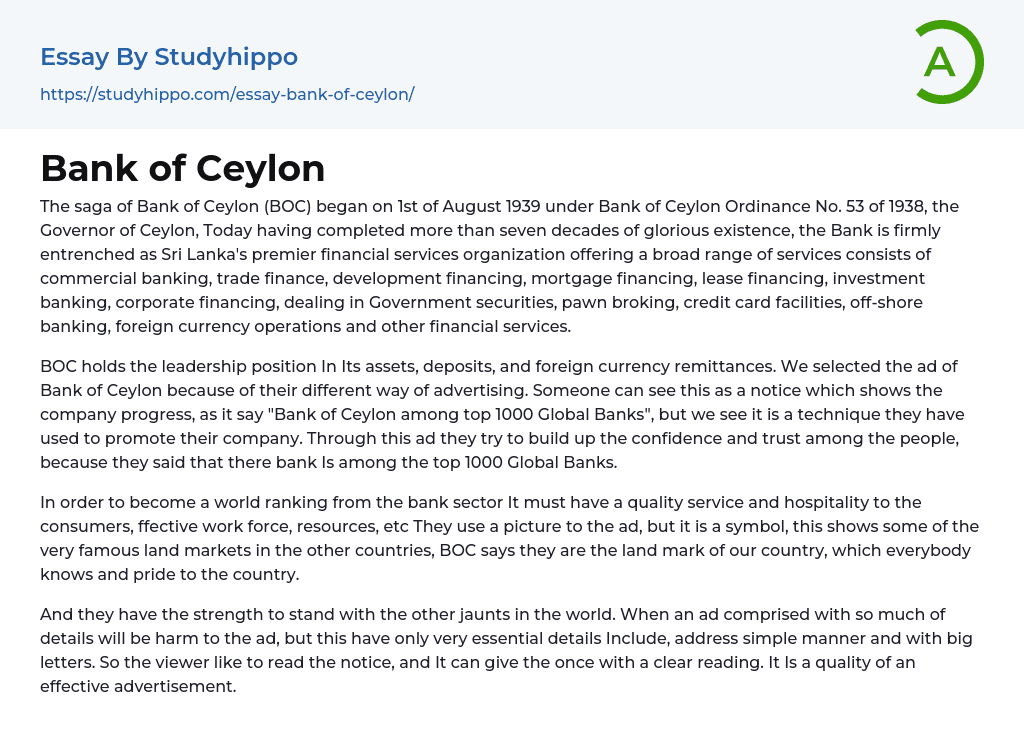 Bank of Ceylon Essay Example