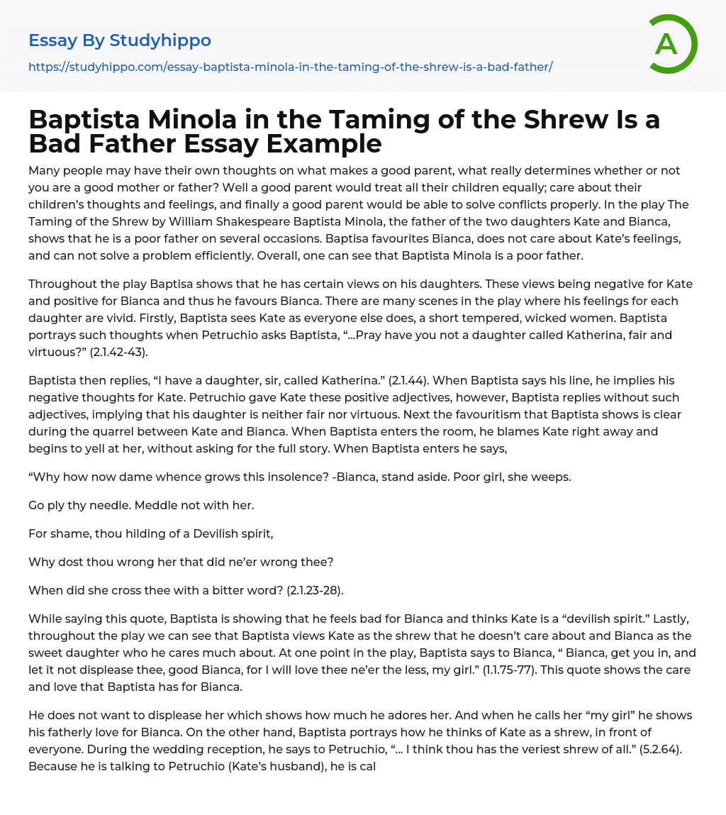 Baptista Minola in the Taming of the Shrew Is a Bad Father Essay Example