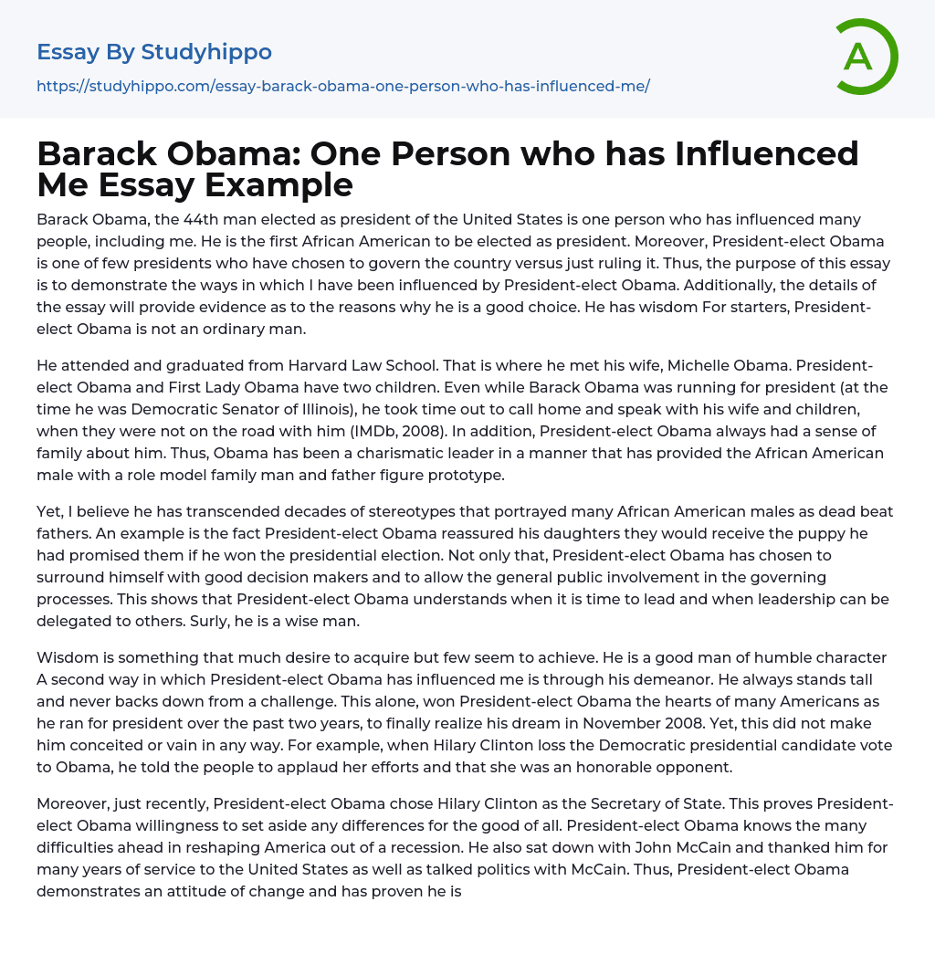 Barack Obama: One Person who has Influenced Me Essay Example