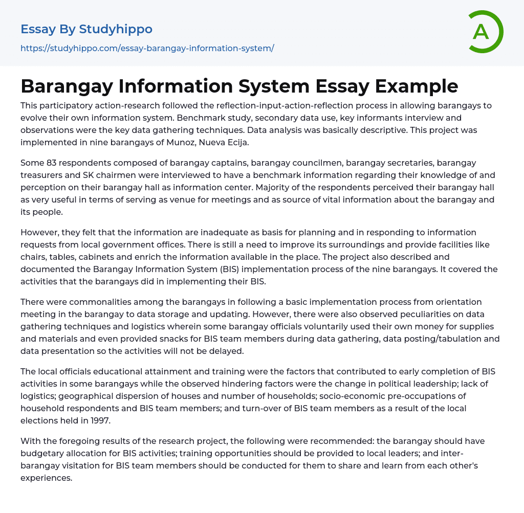Barangay Information System Essay Example