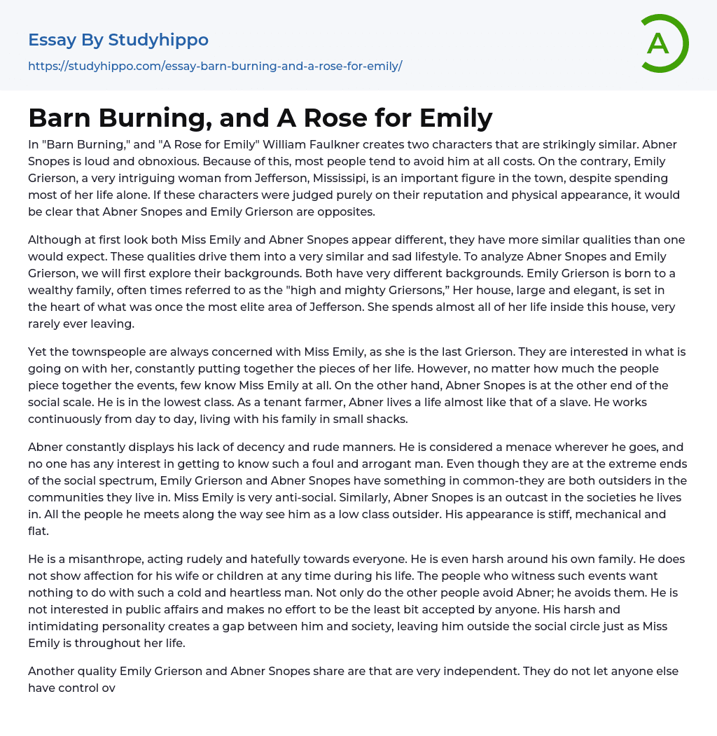 Barn Burning, and A Rose for Emily Essay Example