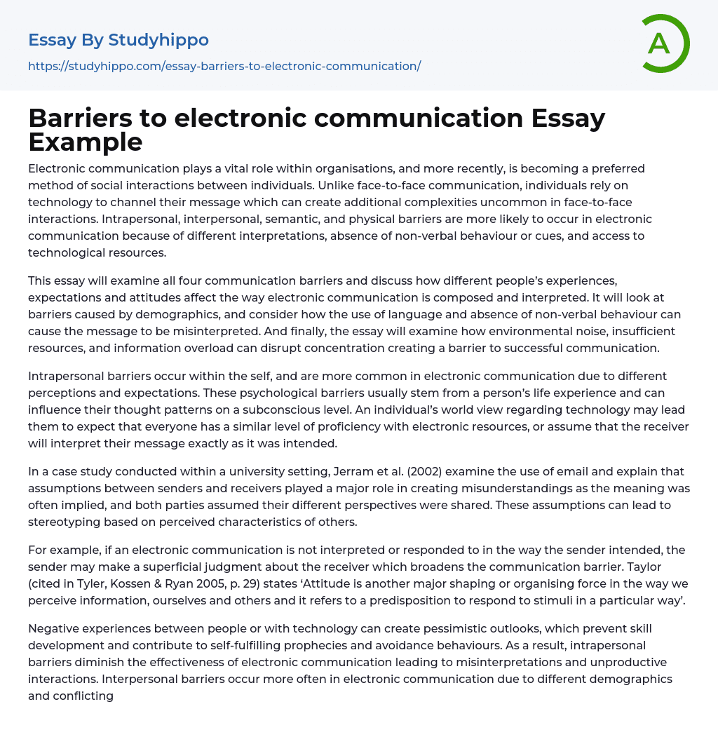 Barriers to electronic communication Essay Example