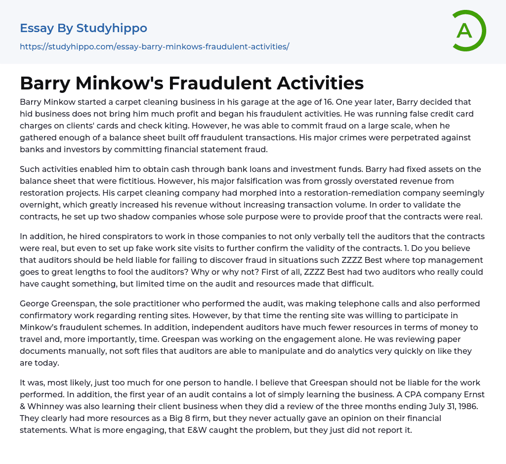 Barry Minkow’s Fraudulent Activities Essay Example