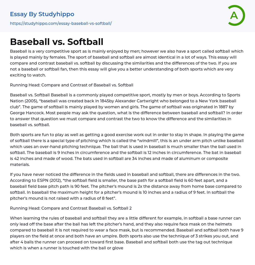 Baseball vs. Softball Essay Example