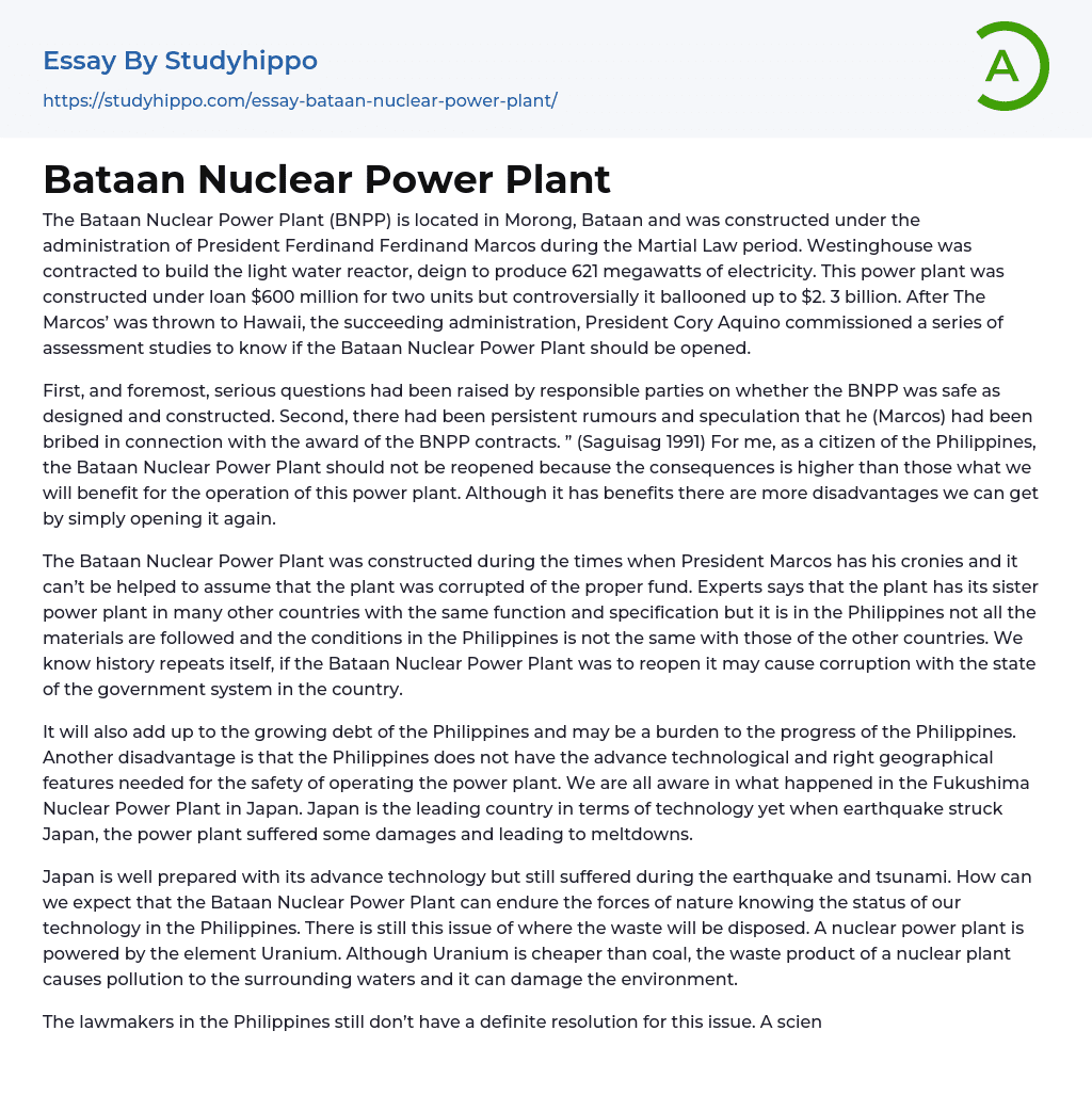 Bataan Nuclear Power Plant Essay Example