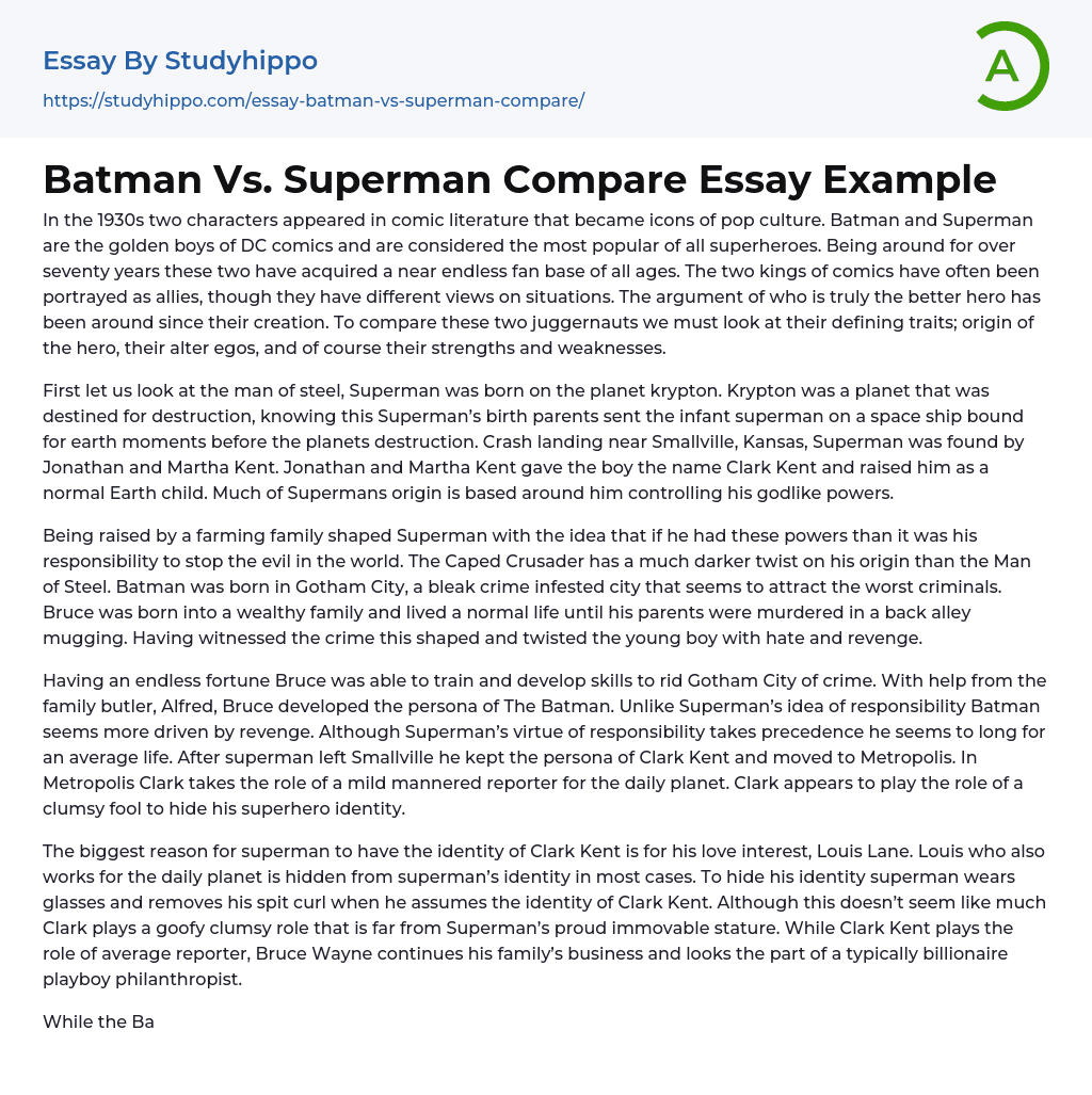 Batman Vs. Superman Compare Essay Example