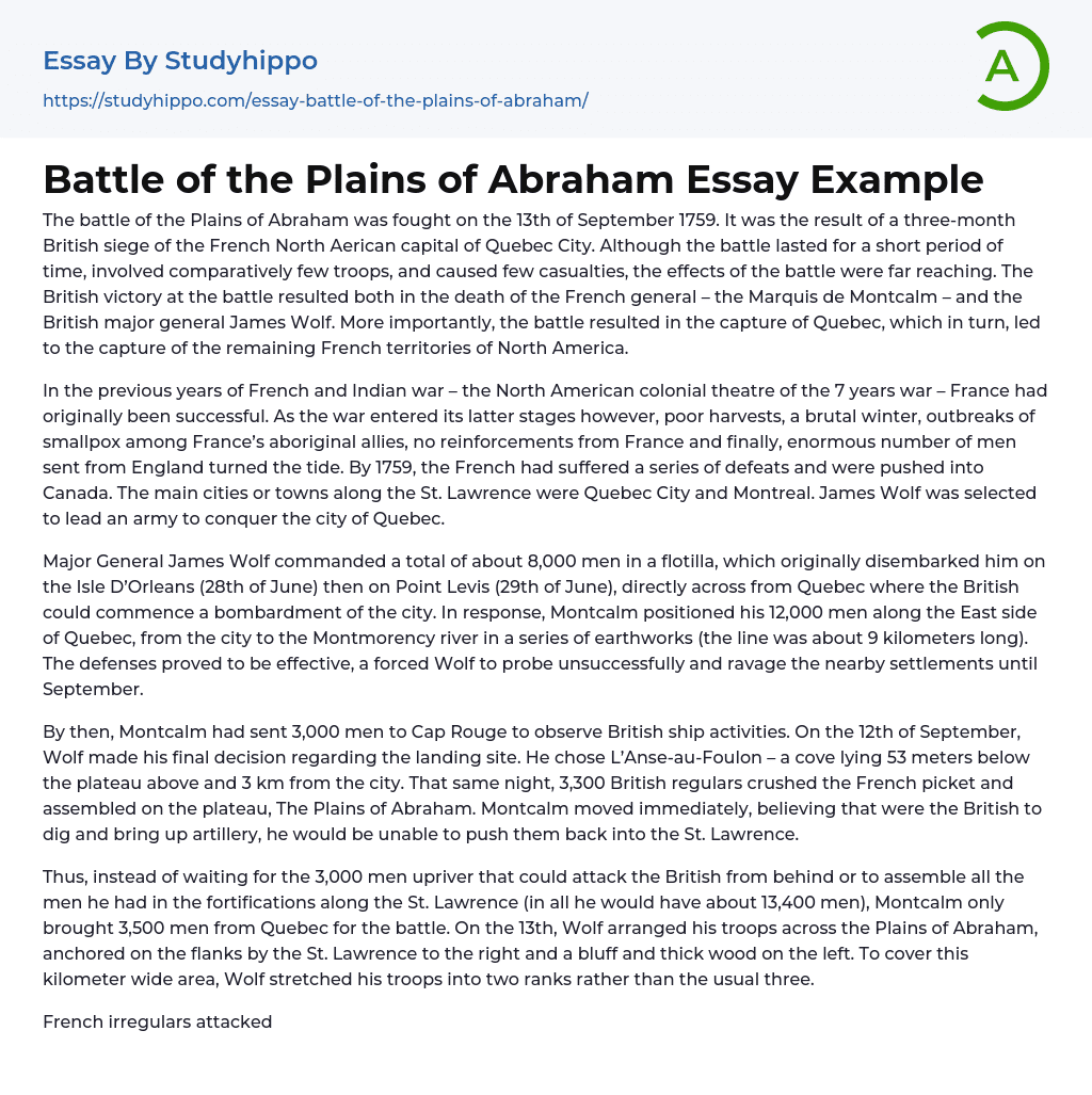 Battle of the Plains of Abraham Essay Example