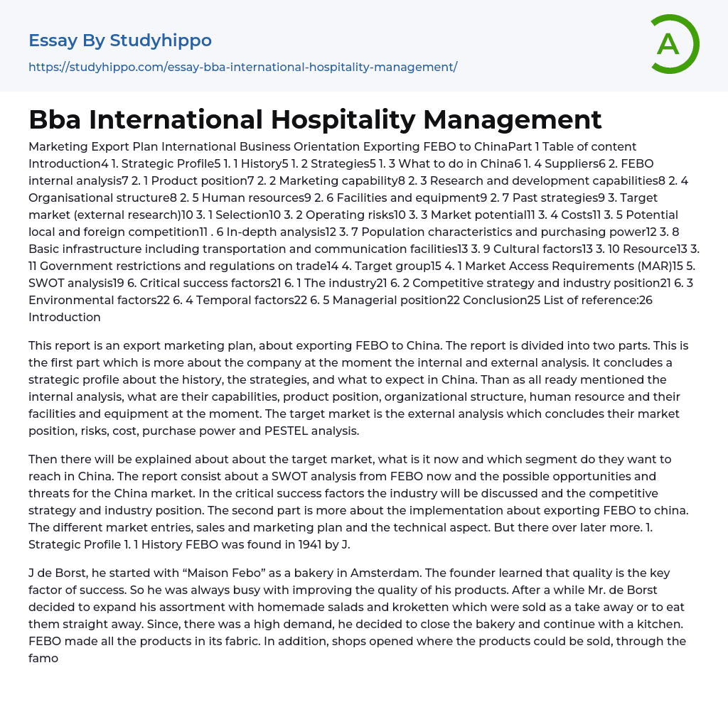 Bba International Hospitality Management Essay Example