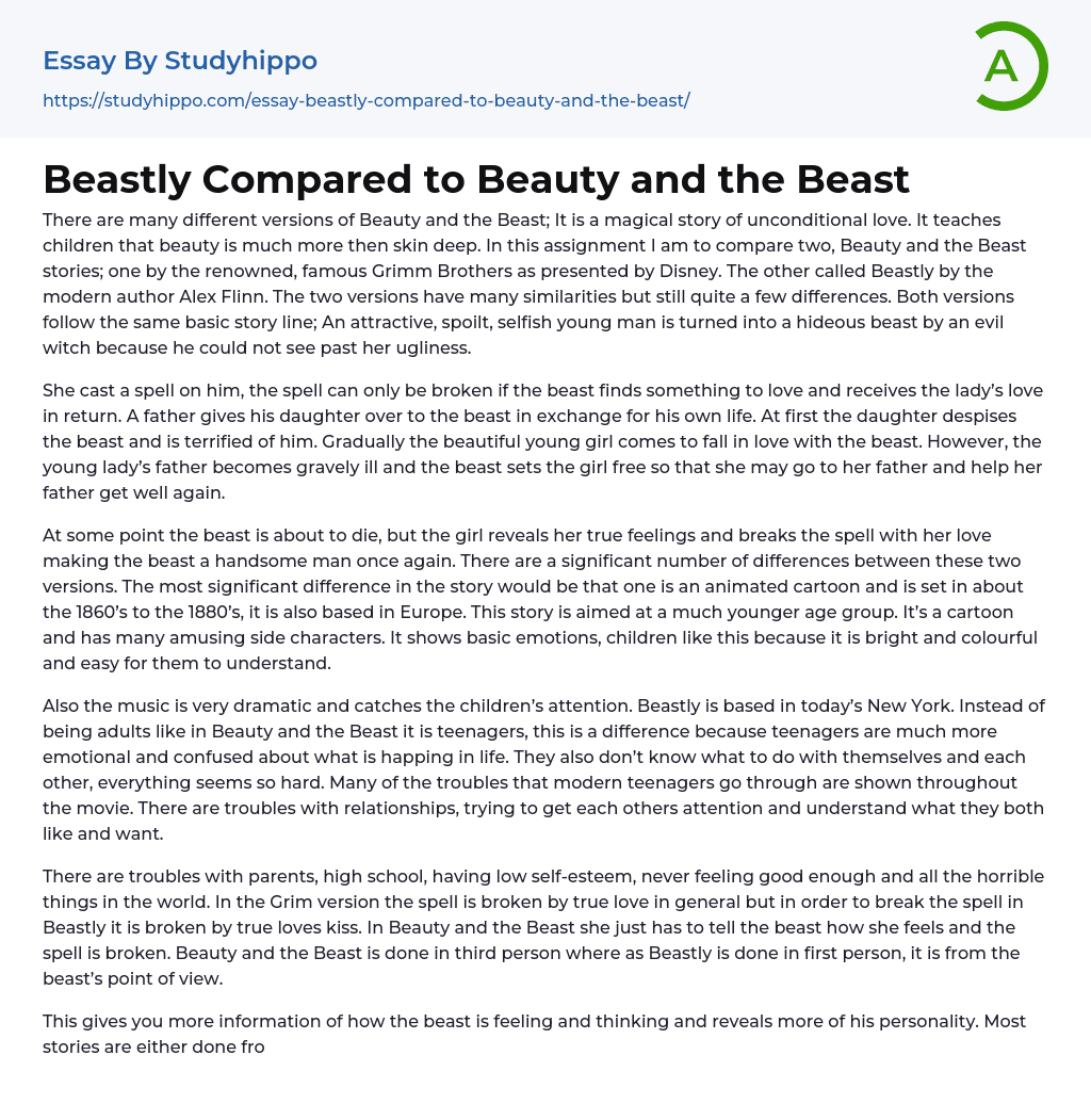 Beastly Compared to Beauty and the Beast Essay Example