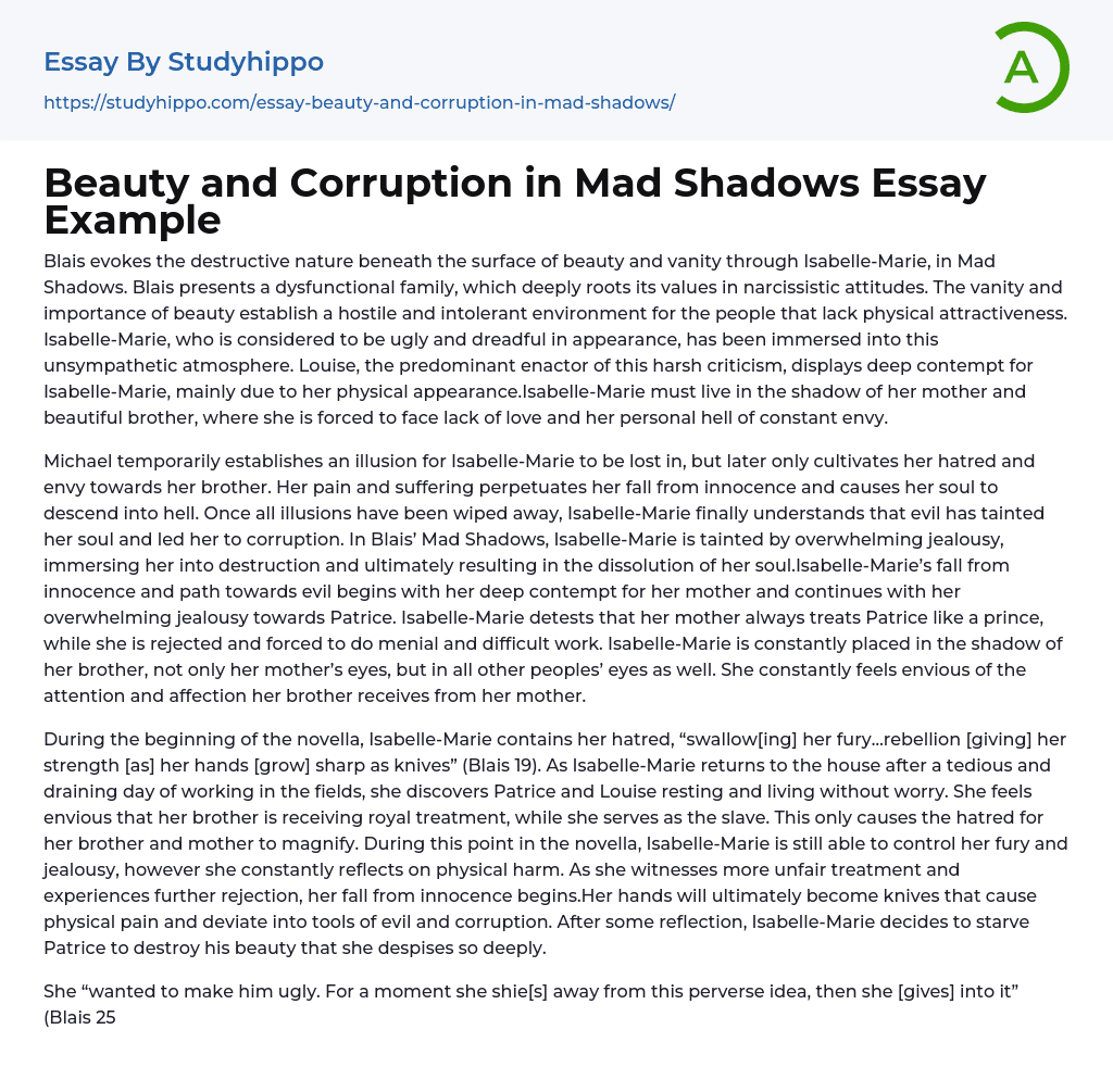 Beauty and Corruption in Mad Shadows Essay Example