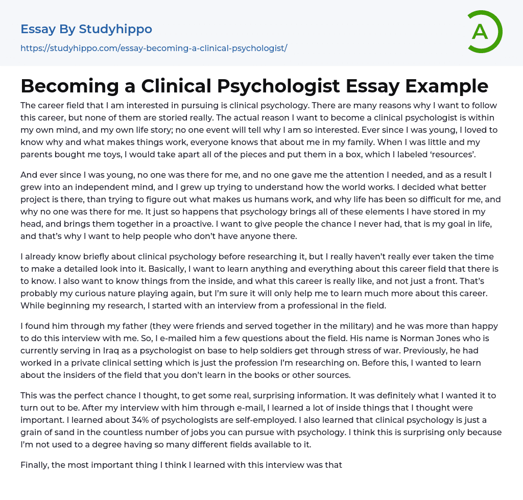 Becoming a Clinical Psychologist Essay Example