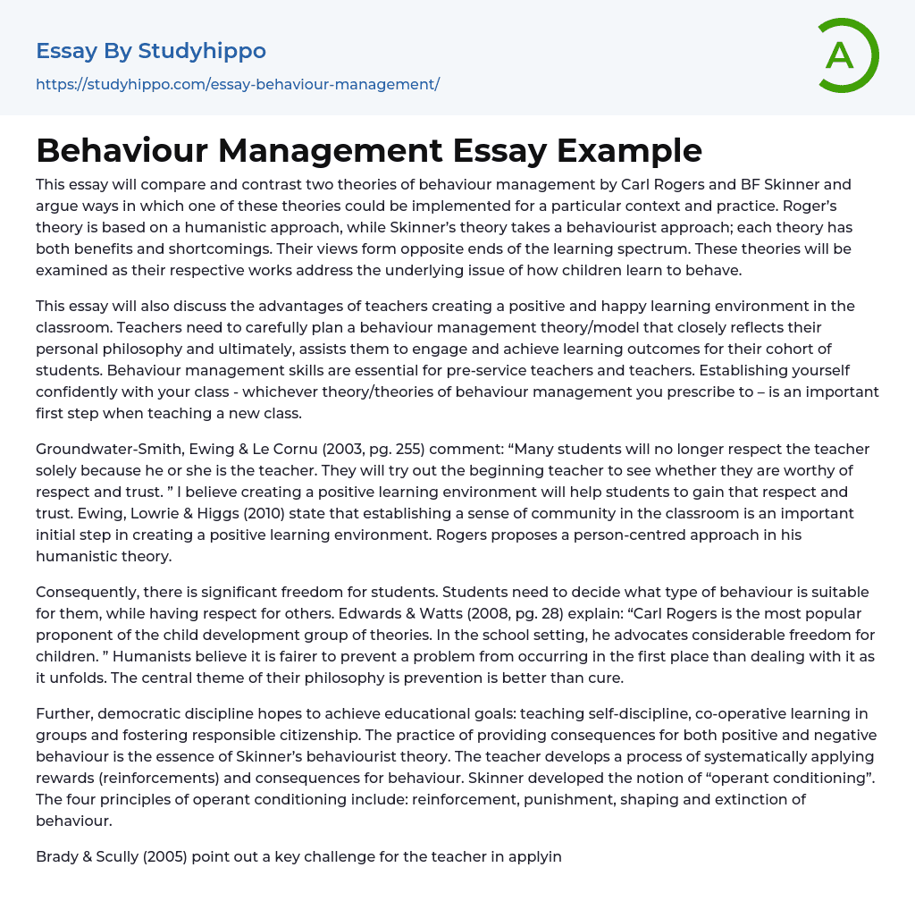 Behaviour Management Essay Example