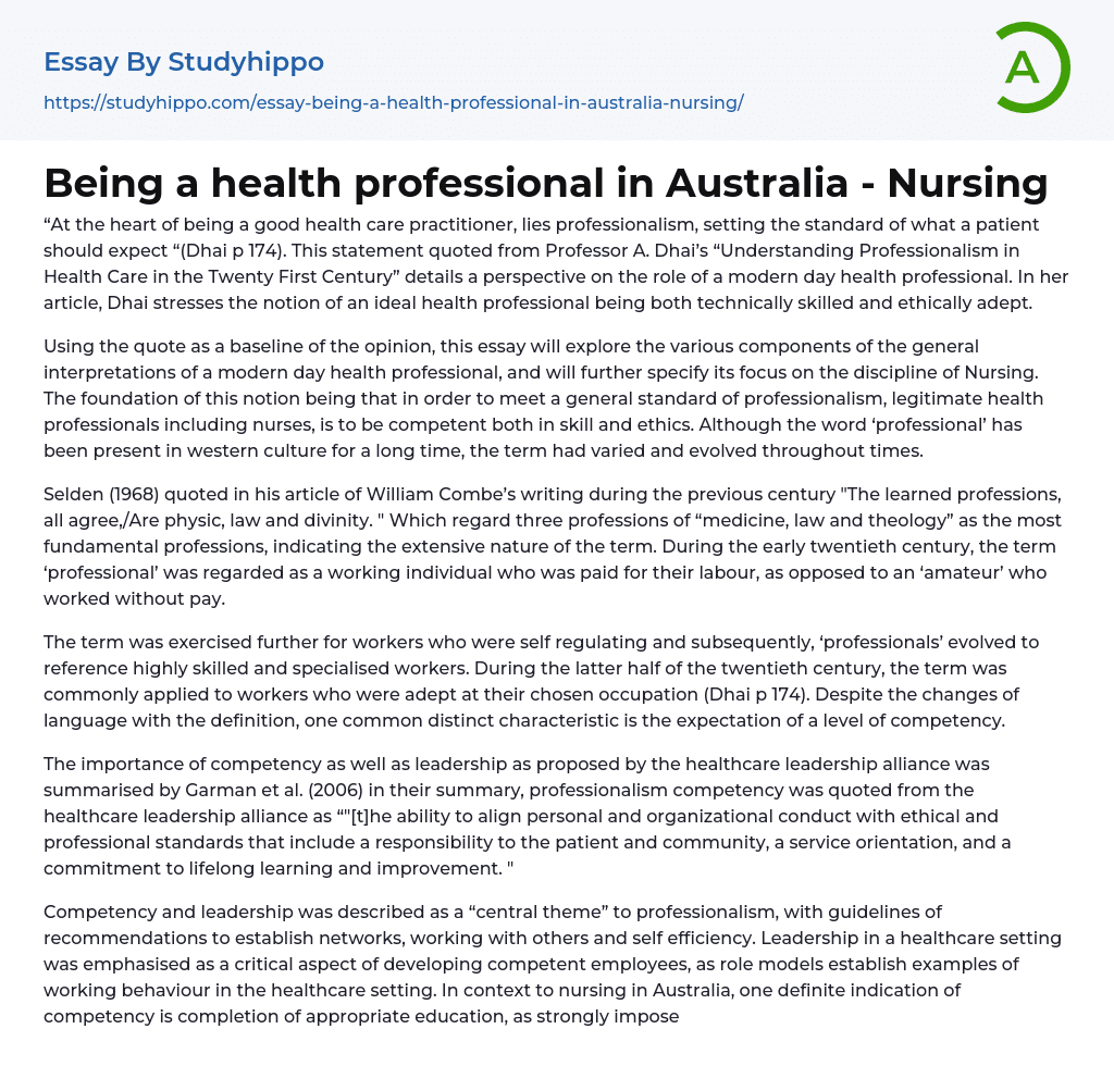 Being a health professional in Australia – Nursing Essay Example