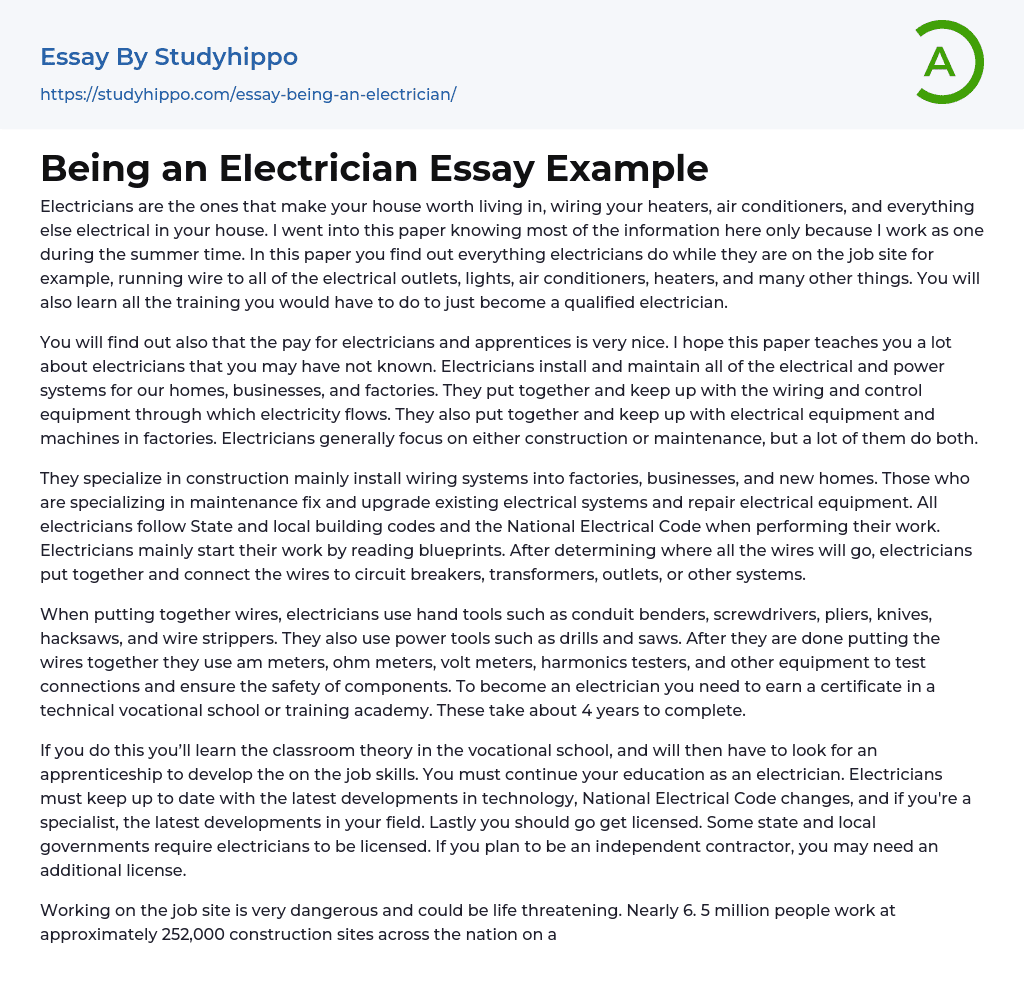 Being an Electrician Essay Example