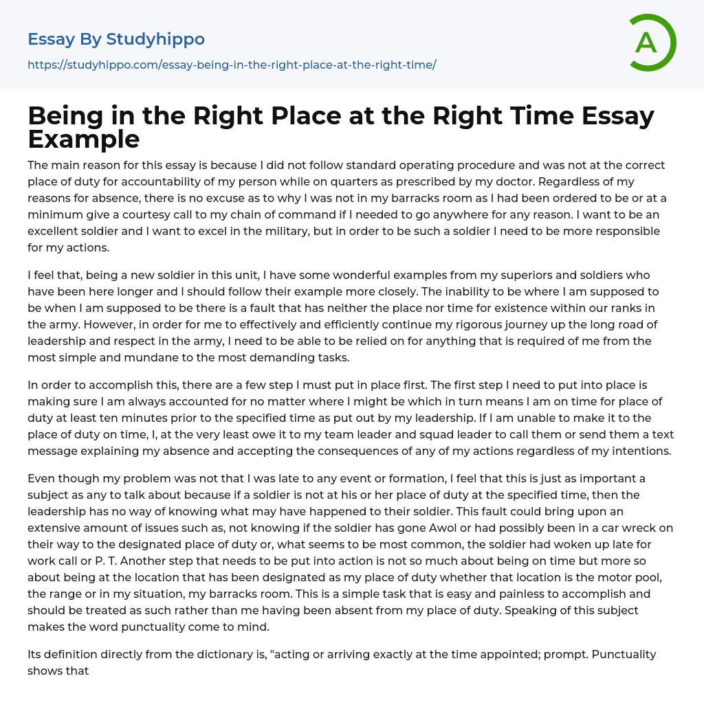 Being in the Right Place at the Right Time Essay Example