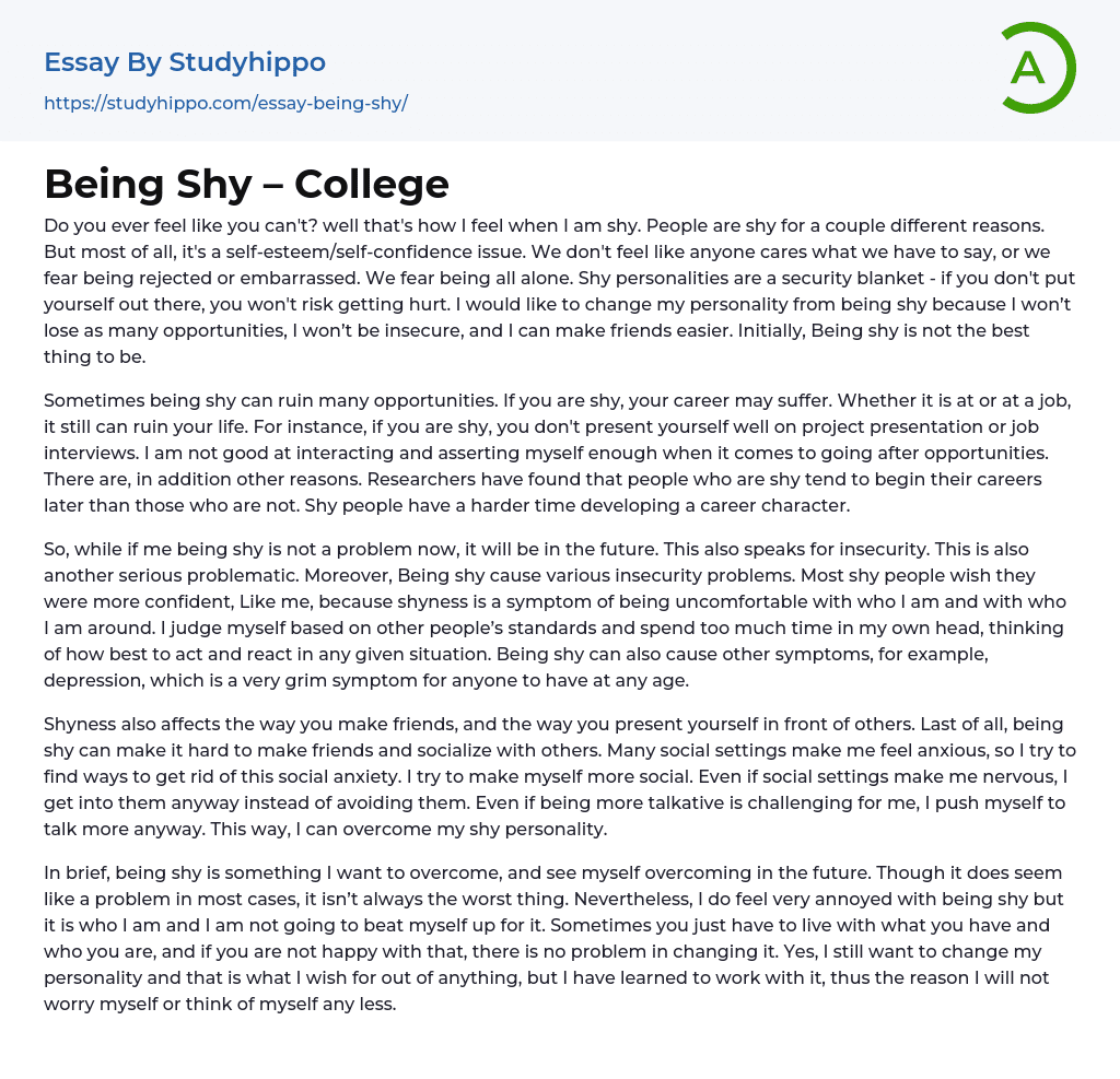Being Shy – College Essay Example