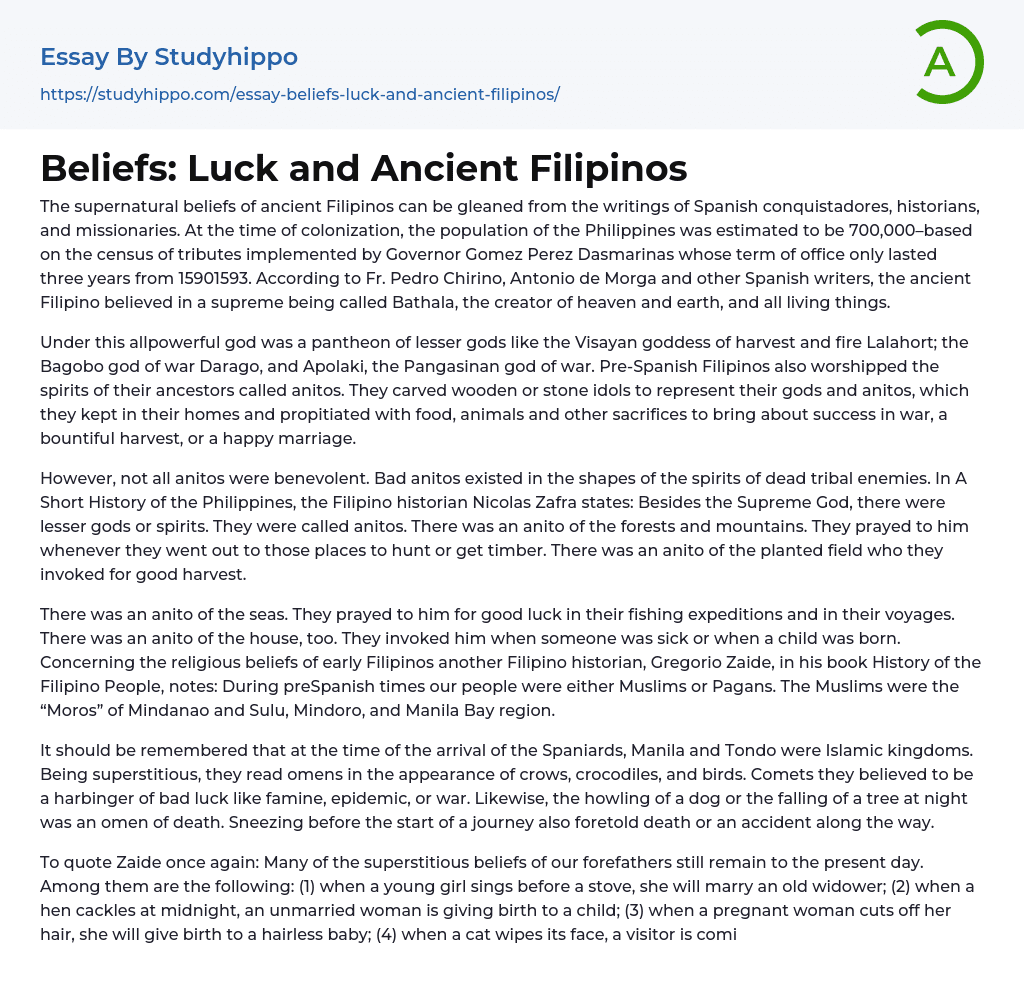 Beliefs: Luck and Ancient Filipinos Essay Example