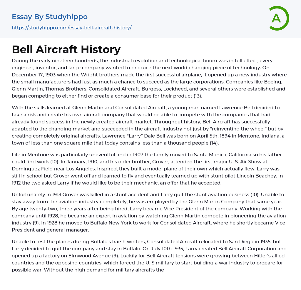 Bell Aircraft History Essay Example