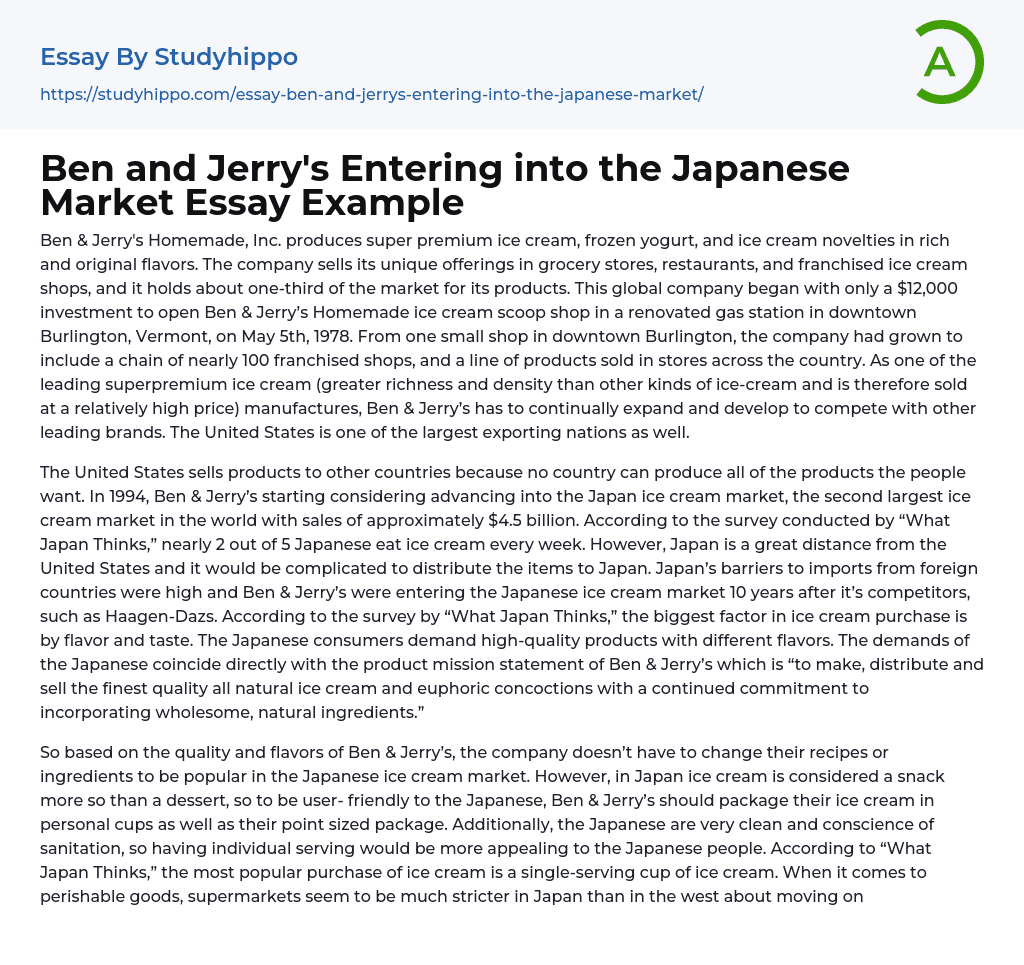 Ben and Jerry’s Entering into the Japanese Market Essay Example