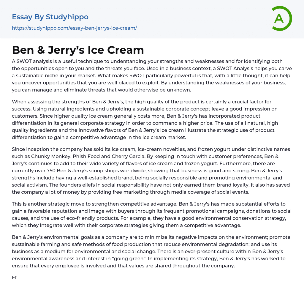 Ben & Jerry’s Ice Cream Essay Example