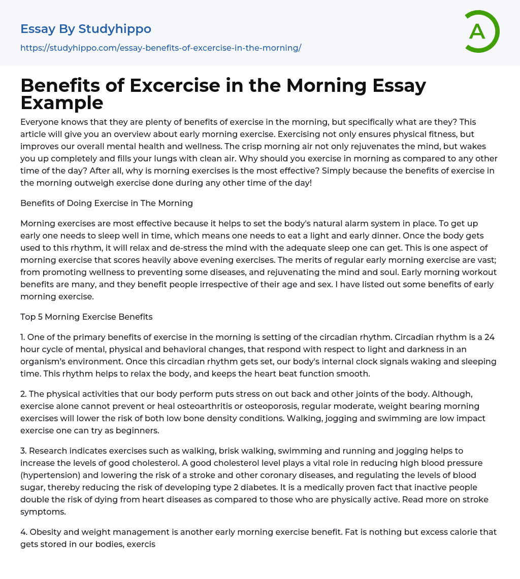 Benefits of Excercise in the Morning Essay Example