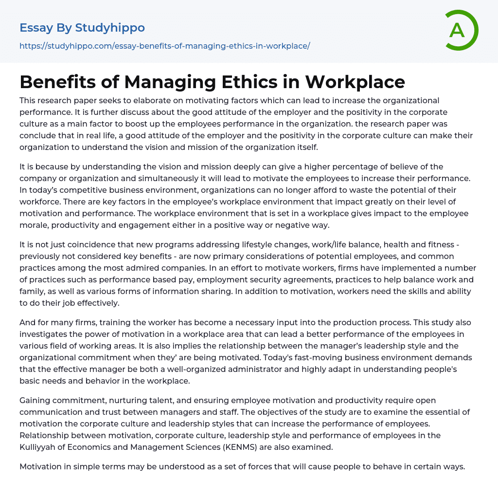 Benefits of Managing Ethics in Workplace Essay Example