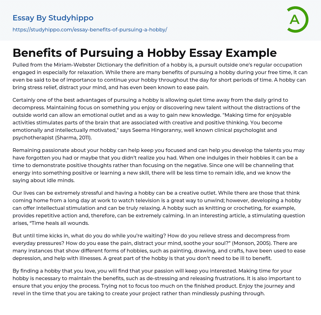 Benefits Of Pursuing A Hobby Essay Example StudyHippo