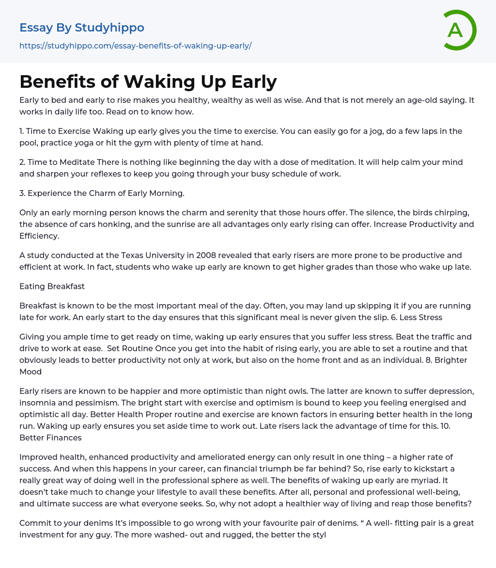 Benefits of Waking Up Early Essay Example
