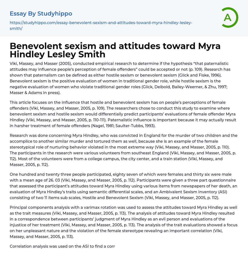 Benevolent sexism and attitudes toward Myra Hindley Lesley Smith Essay Example