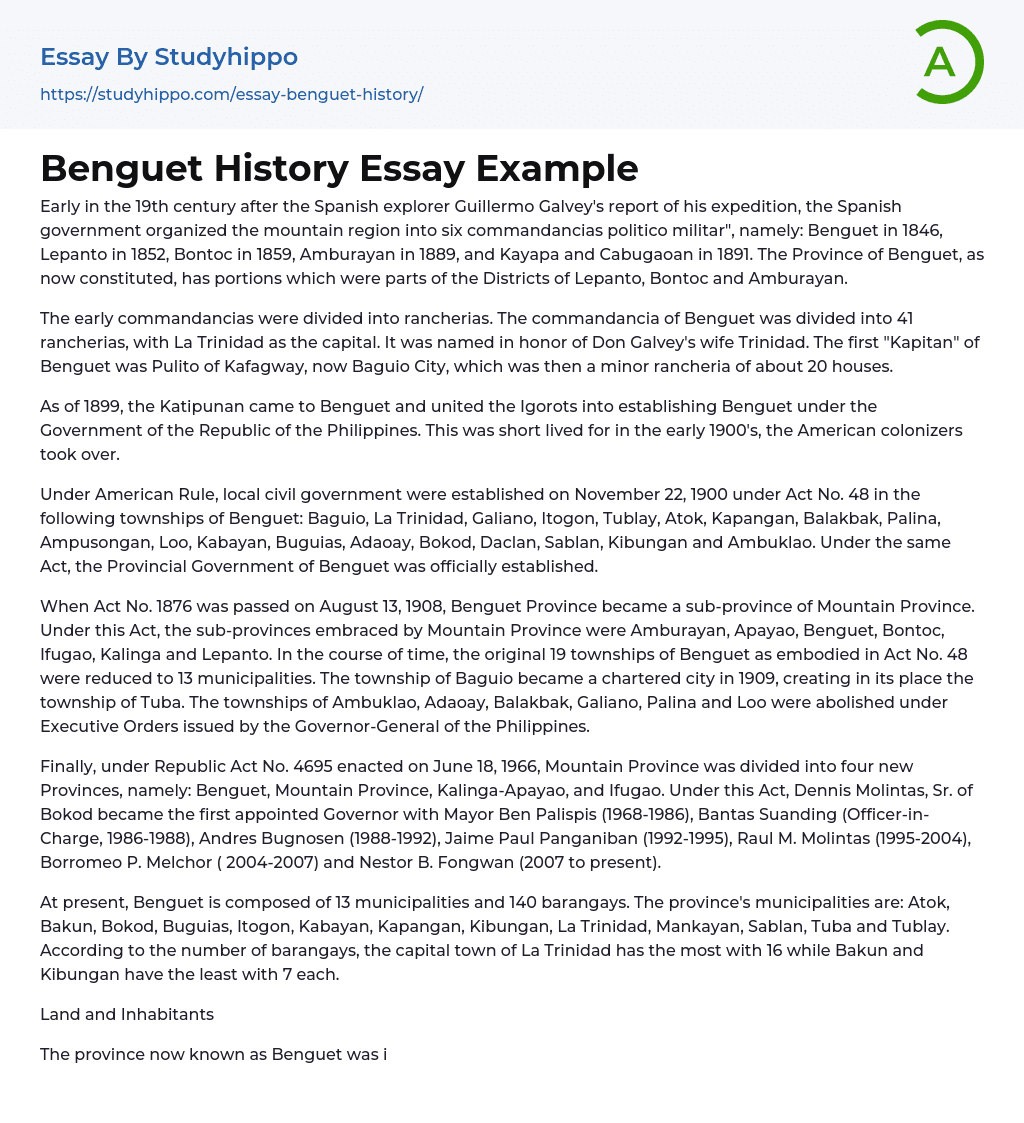 Benguet History Essay Example