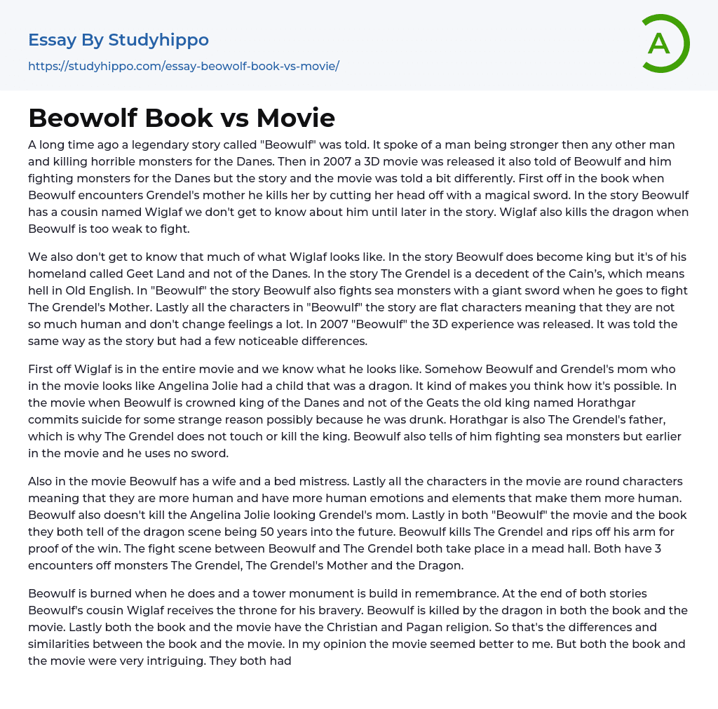 Beowolf Book vs Movie Essay Example