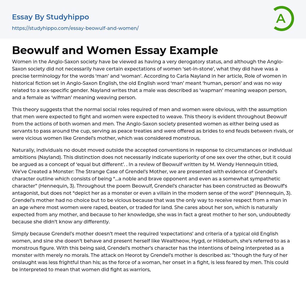 Beowulf and Women Essay Example