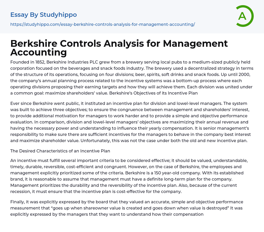 Berkshire Controls Analysis for Management Accounting Essay Example