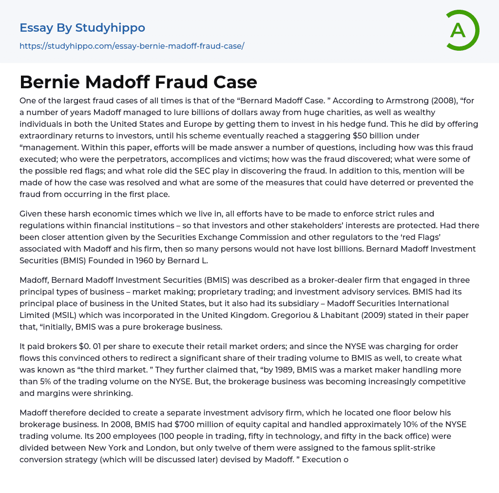 Bernie Madoff Fraud Case Essay Example