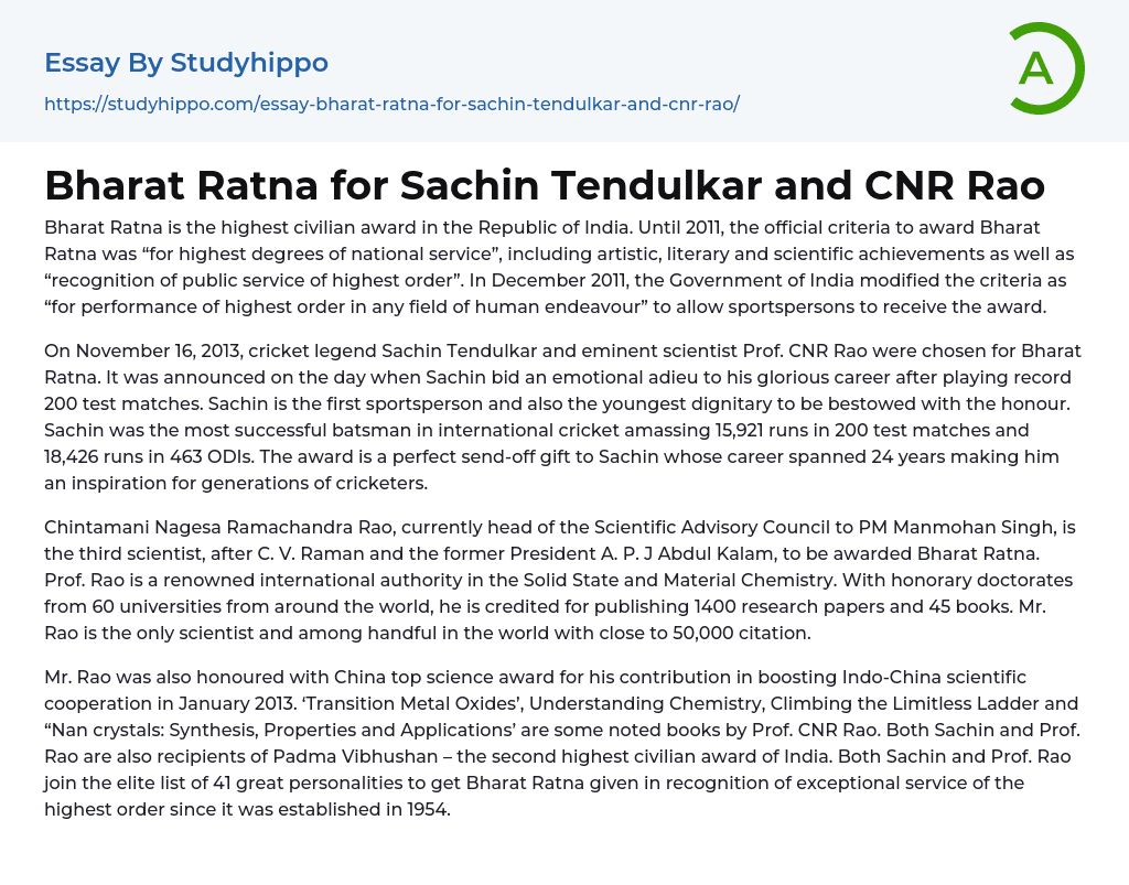 Bharat Ratna for Sachin Tendulkar and CNR Rao Essay Example