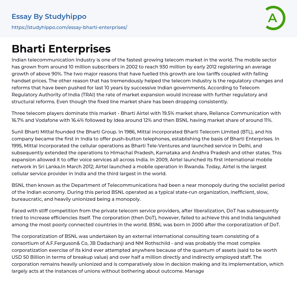 Bharti Enterprises Essay Example