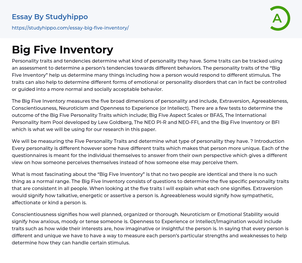 Big Five Inventory Essay Example