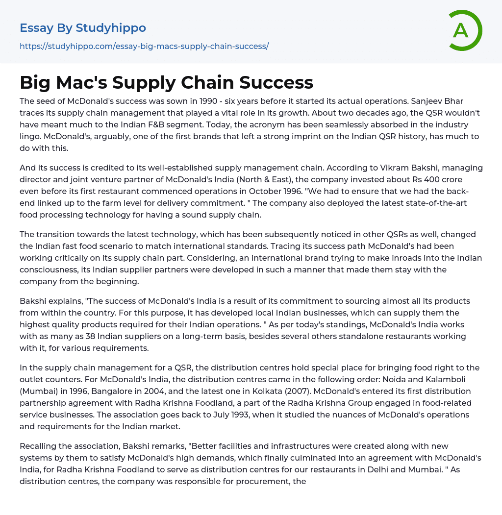 Big Mac’s Supply Chain Success Essay Example