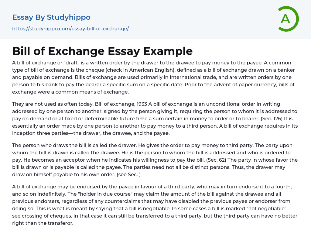 Bill of Exchange Essay Example
