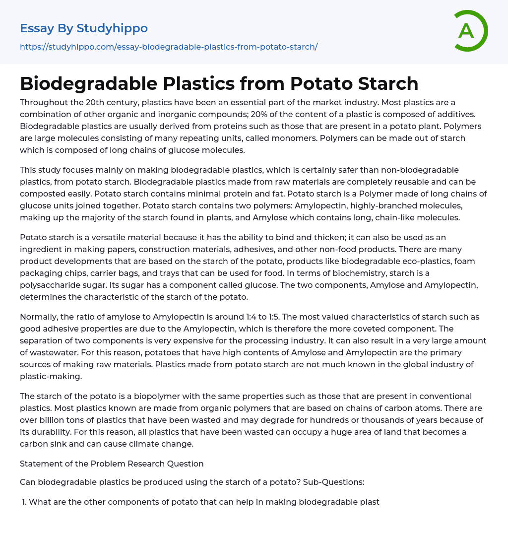 Biodegradable Plastics from Potato Starch Essay Example
